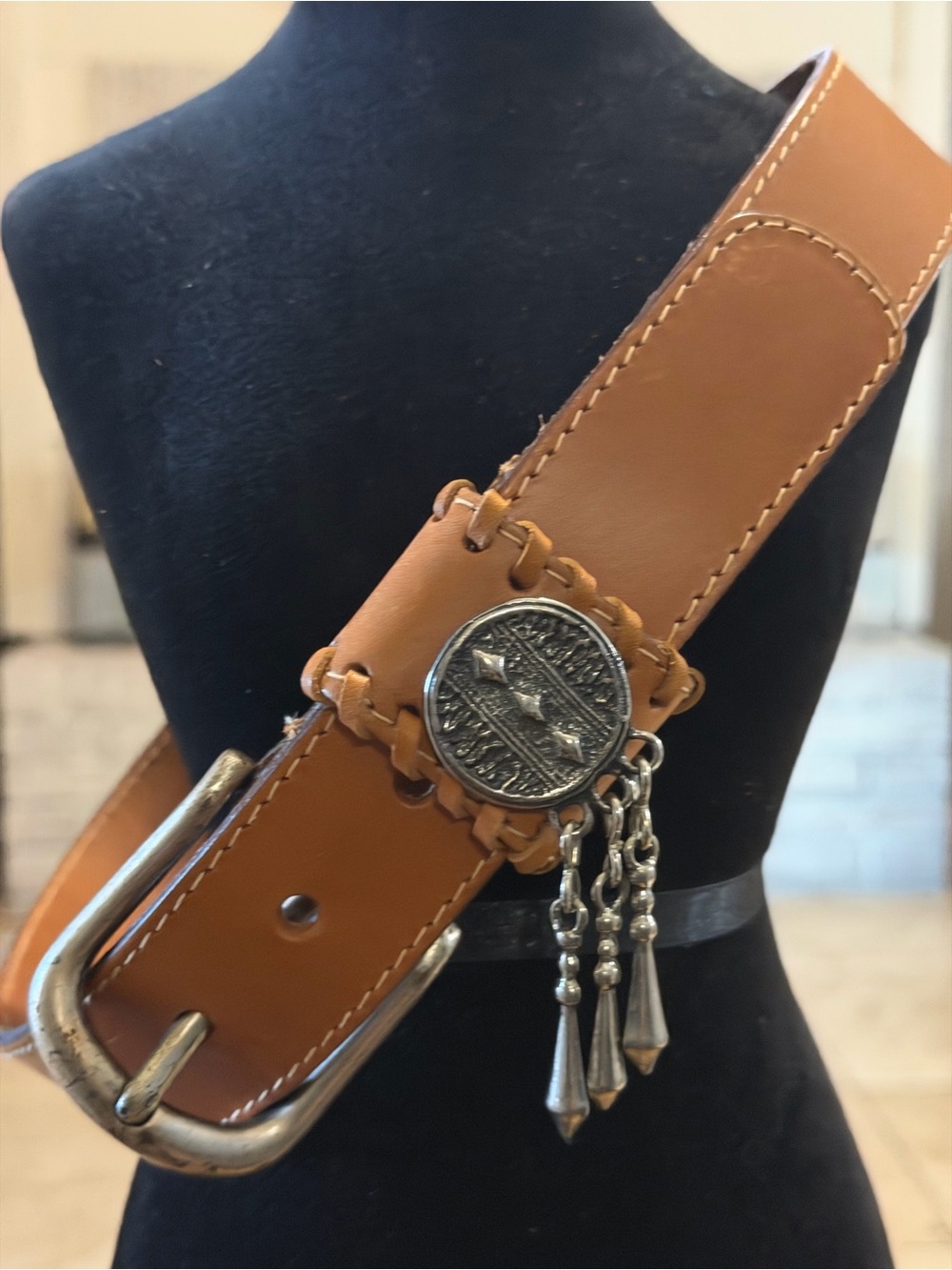 USA Made Brown Leather Belt Southwestern Italian Buckle Embellishment Medium